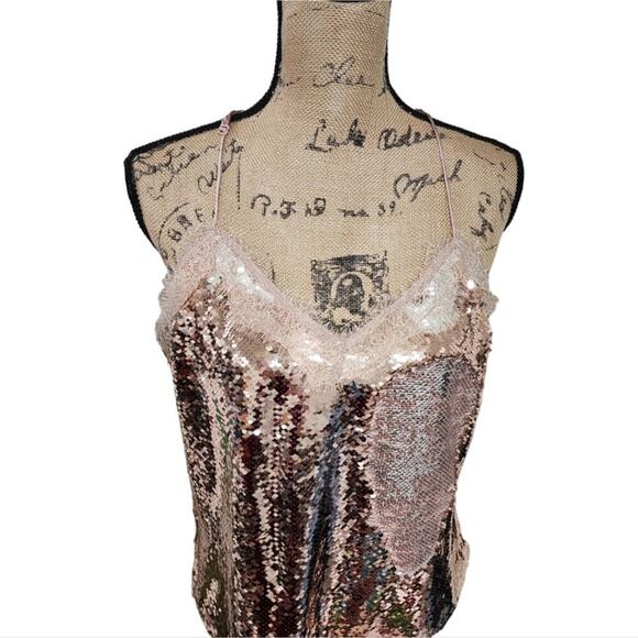 Nine West Rose Gold Sequin Reversible Razorback Party Camisole Sheath Size Large - Picture 6 of 10